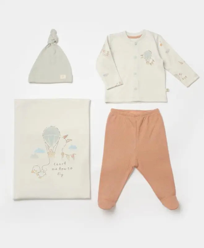 Unisex Uçan Balon Baskılı Önden Çıtçıtlı Üst Waffle Kumaşlı Ayaklı Alt Pantolonlu Battaniyeli Zıbın Seti - mint