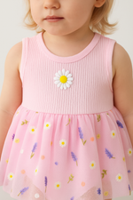 Kız Bebek Çiçek Nakışlı Tüllü Sıfır Kol Pembe Renk Elbise