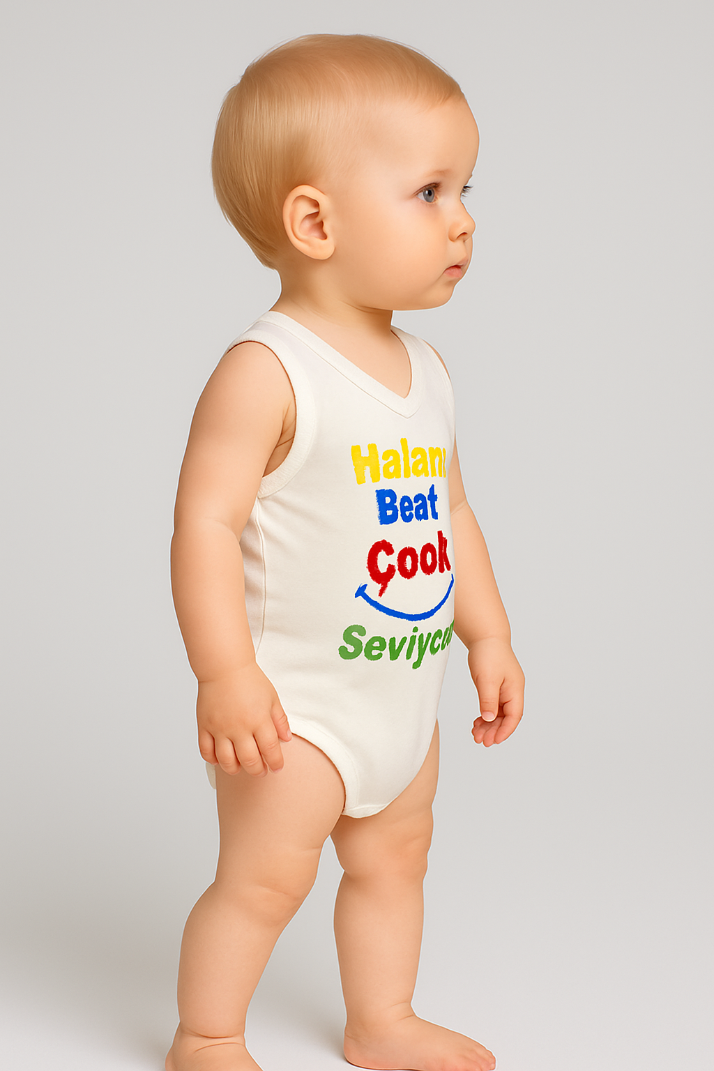 Ünisex halam beni çok seviyor yazılı sıfır kollu çıtçıtlı bady