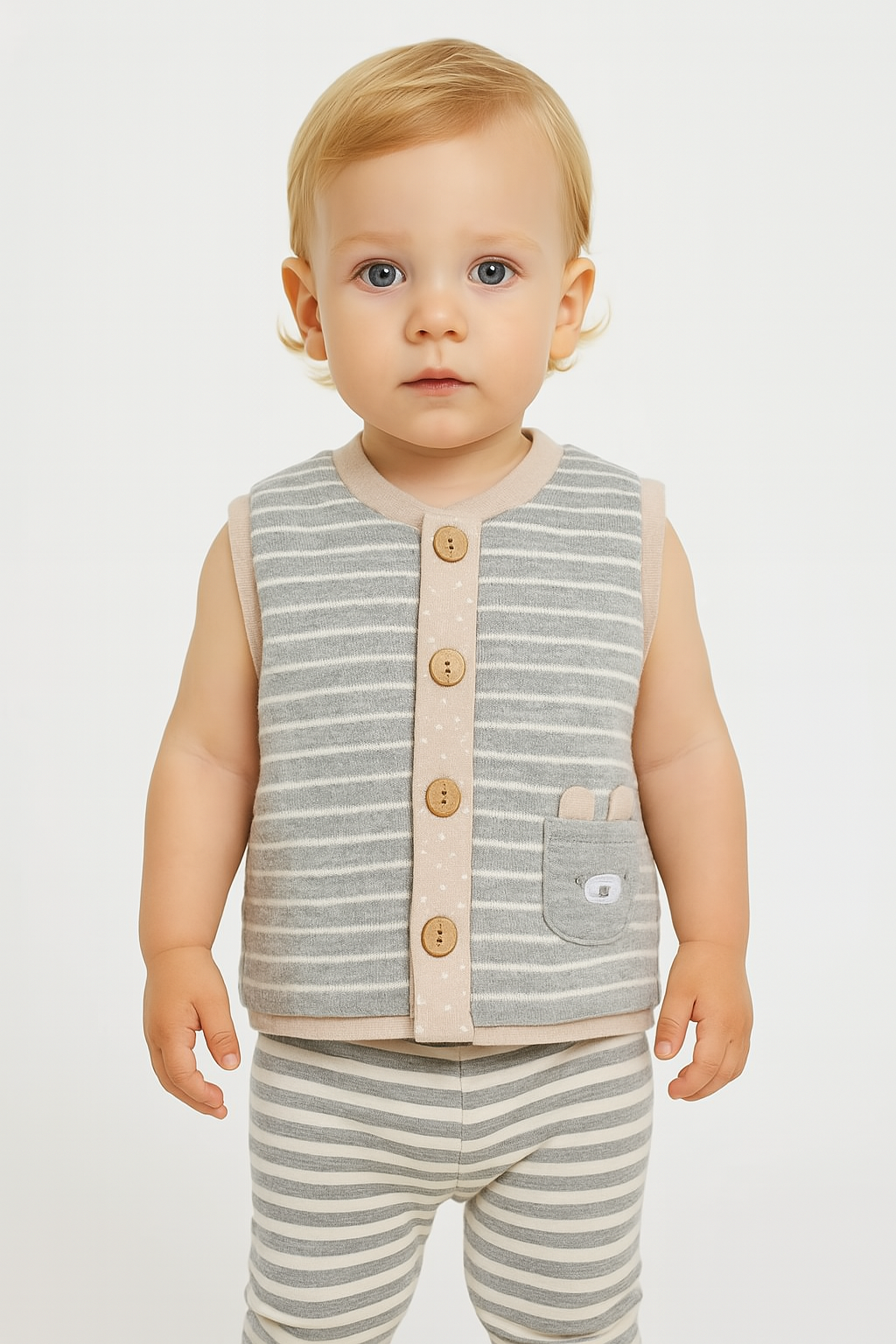 Gri Çizgili Ayıcık Cepli Pamuklu Bebek Yeleği | Ahşap Düğmeli | Unisex 0-24 Ay