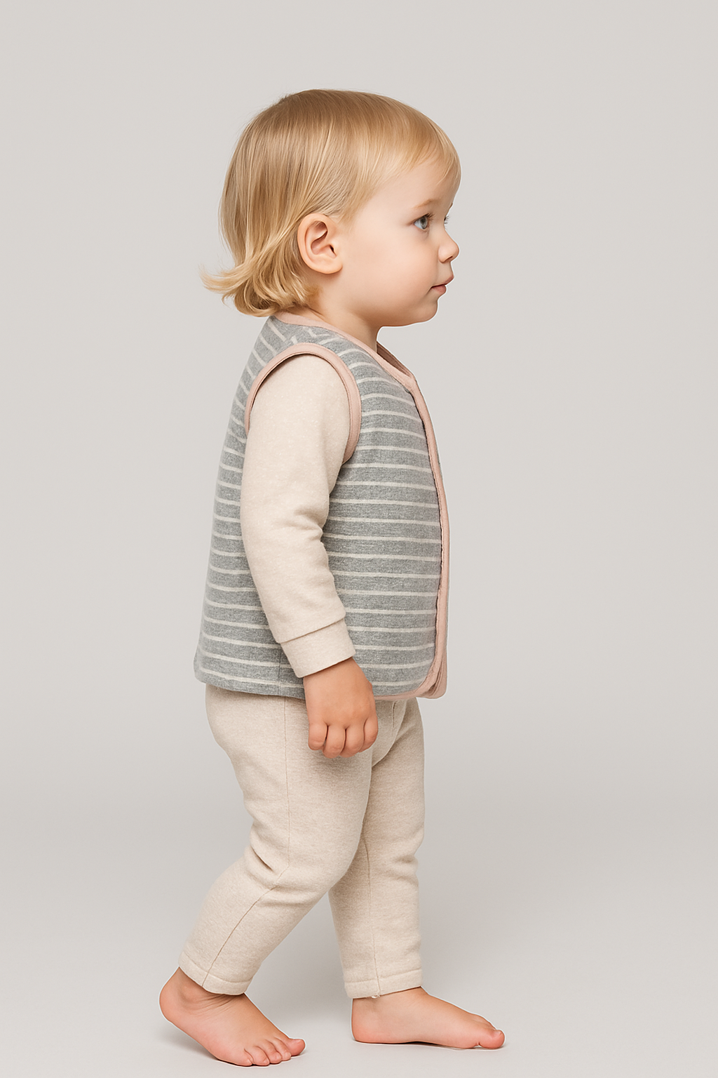 Gri Çizgili Ayıcık Cepli Pamuklu Bebek Yeleği | Ahşap Düğmeli | Unisex 0-24 Ay