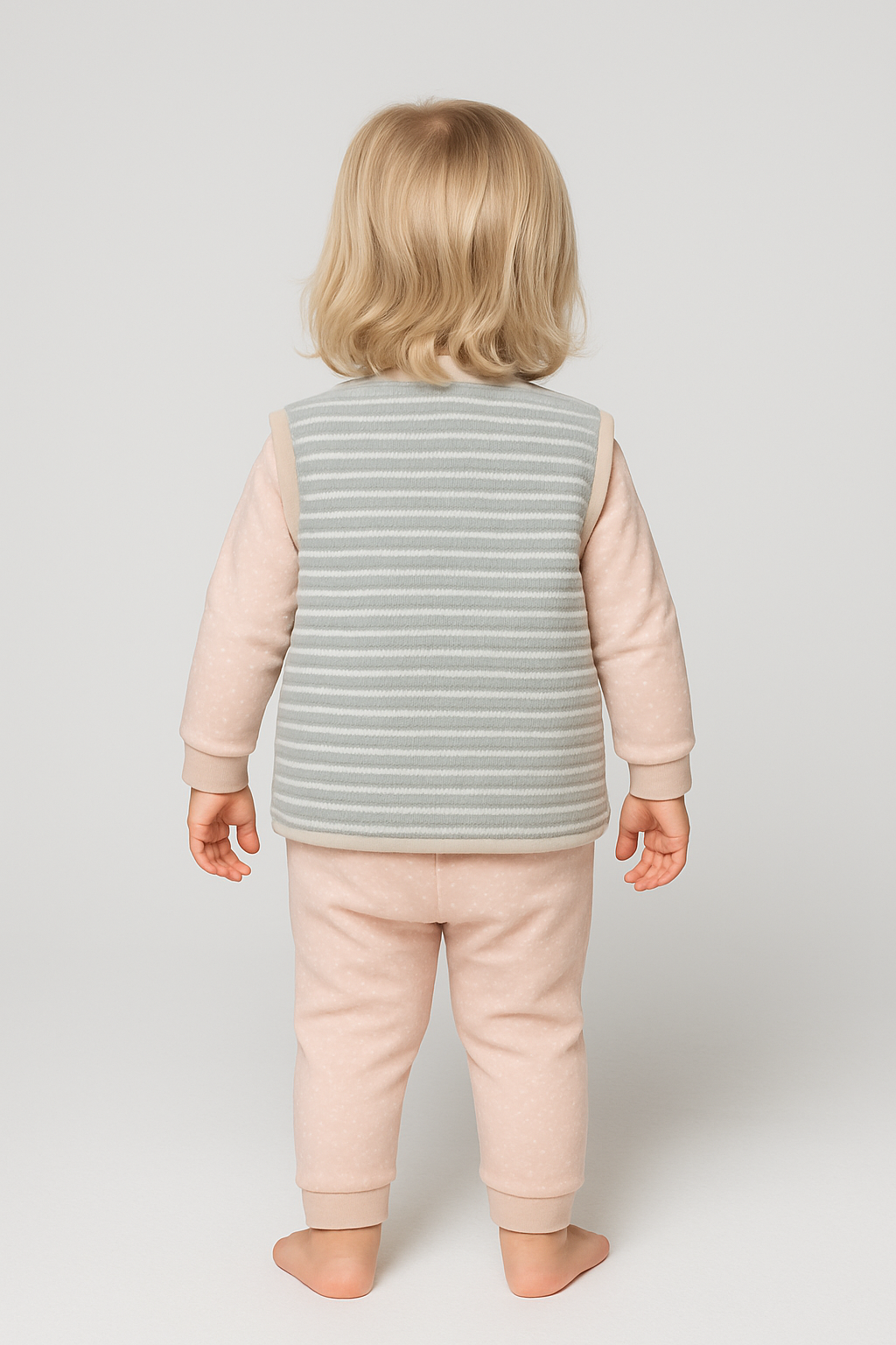 Gri Çizgili Ayıcık Cepli Pamuklu Bebek Yeleği | Ahşap Düğmeli | Unisex 0-24 Ay