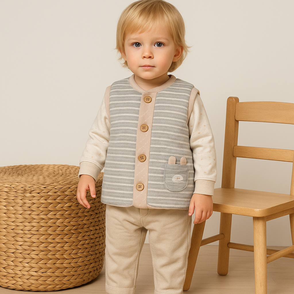 Gri Çizgili Ayıcık Cepli Pamuklu Bebek Yeleği | Ahşap Düğmeli | Unisex 0-24 Ay