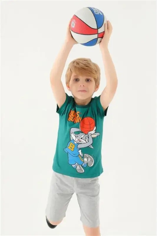 Bugs Bunny Baskılı Erkek Çocuk Tişört | Yeşil Tshirt | 2 - 8 Yaş - Erkek Çocuk Giyim/Erkek Çocuk Tshirt