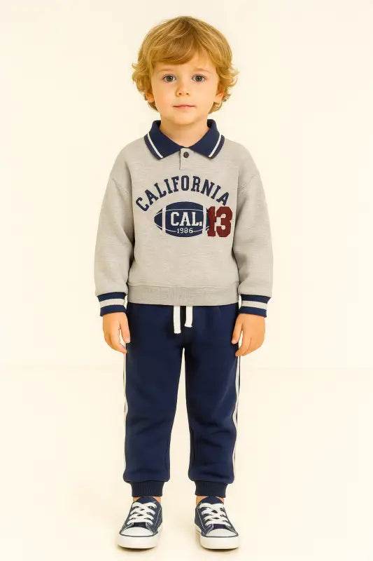 California Nakışlı Erkek Çocuk Eşofman Takımı – Gri & Lacivert | 3-5 Yaş Spor Kombini - Bebek Giyim/Erkek Bebek