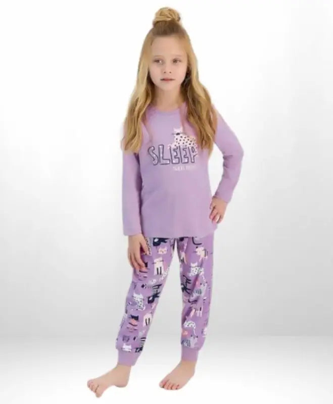 Çocuk Pijama Takımı - Mor Kedi Baskılı Uzun Kollu Pamuklu 2-8 Yaş Arası - Kız Çocuk Giyim/Kız Çocuk Pijama Takımları
