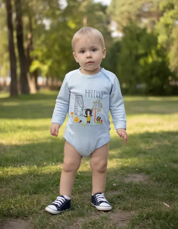 Erkek Bebek Hello Ayıcık Baskılı Uzun Kollu Mavi Renk Bady - Bebek Giyim/Erkek Bebek Giyim/Erkek Bebek Zıbın