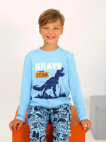 Erkek Çocuk Brave Team Yazılı Dinazor Baskılı Mavi Renk Pijama Tk. - Erkek Çocuk Giyim/Erkek Çocuk Pijama & Eşofman