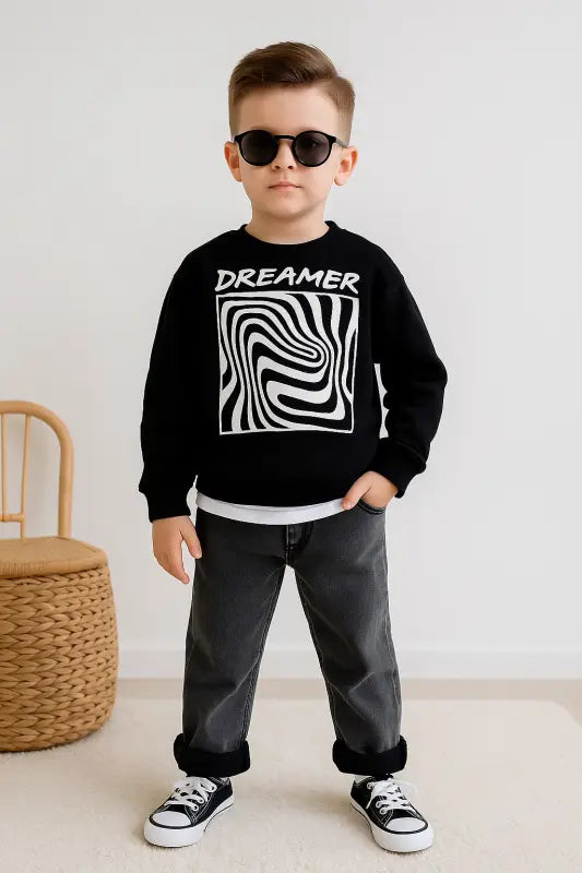 Erkek Çocuk Dreamer Yazılı -Siyah Renk- Uzun Kollu- Sweat-Kot Pantolonlu Takım - Erkek Çocuk Giyim/Erkek Çocuk Takım