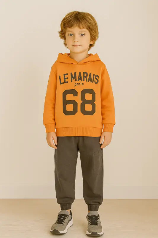 Erkek Çocuk “Le Marais 68” Turuncu Kapüşonlu Eşofman Takımı | 5-7 Yaş Jogger Pantolon & Pamuklu Kumaş - Erkek Çocuk