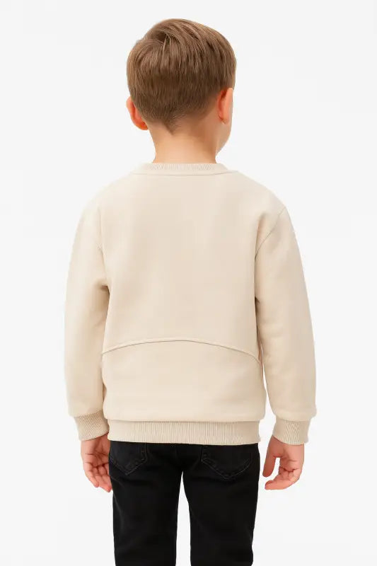 Erkek Çocuk “WAY” Nakışlı Bej Sweatshirt – Buklet Aplike & Panter Patch 3 İplik Şardonlu (4-6 Yaş) - Erkek Çocuk