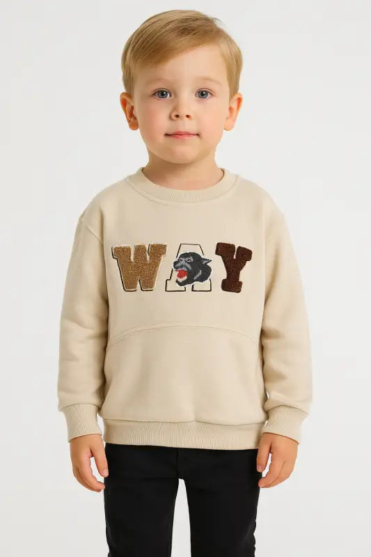 Erkek Çocuk “WAY” Nakışlı Bej Sweatshirt – Buklet Aplike & Panter Patch 3 İplik Şardonlu (4-6 Yaş) - Erkek Çocuk