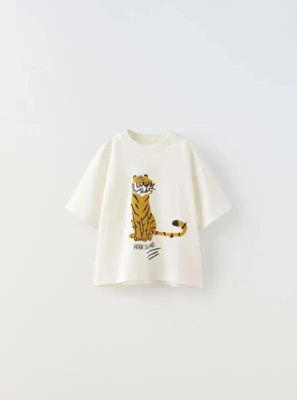 Erkek Çocuk Yazlık Takım | Tshirt Ve Pantolon Takım | Kaplan Desenli | 2 - 7 Yaş | Krem & Beyaz - Erkek Çocuk