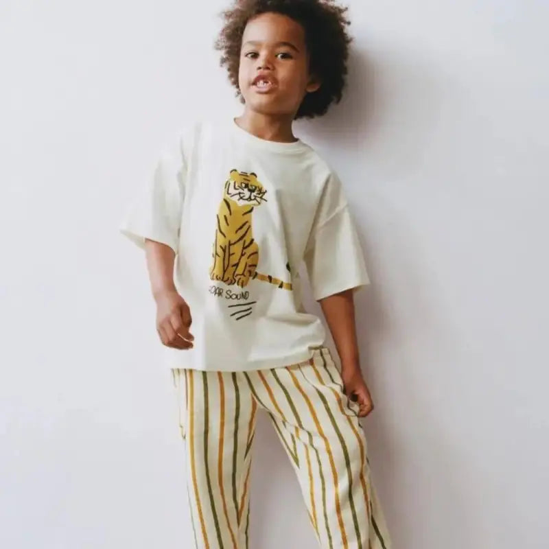 Erkek Çocuk Yazlık Takım | Tshirt Ve Pantolon Takım | Kaplan Desenli | 2 - 7 Yaş | Krem & Beyaz - Erkek Çocuk