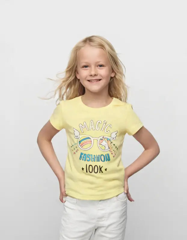 Gözlüklü Baskılı Tropikal Desen Kısa Kollu Kız Çocuk T-Shirt - Mor 3-4 Yaş - Kız Çocuk Giyim/Kız Çocuk Tişört