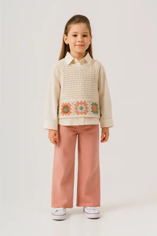 Granny Square Örgü Süveterli Kız Çocuk Keten Gömlek & Pembe Wide-Leg Pantolon Takımı | 4-6 Yaş - Kız Çocuk Giyim/Kız