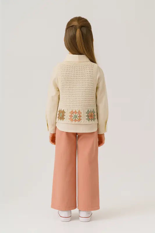 Granny Square Örgü Süveterli Kız Çocuk Keten Gömlek & Pembe Wide-Leg Pantolon Takımı | 4-6 Yaş - Kız Çocuk Giyim/Kız