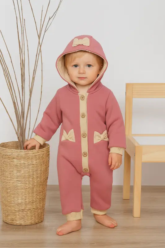 Gülkurusu Kapüşonlu Fiyonklu Kız Bebek Tulum | % 100 Pamuk Ribana | 0-12 Ay - Bebek Giyim/Kız Bebek Giyim/Kız Bebek
