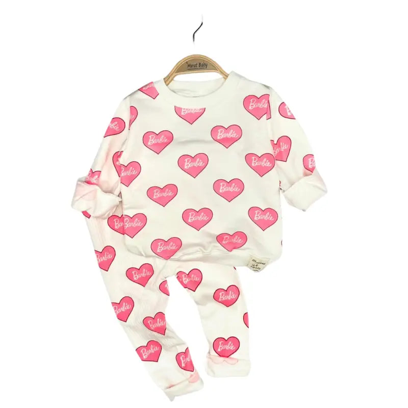Kalplı Kız Çocuk 2’Li Takım | Beyaz Pembe Sweatshirt Ve Tayt | 2-3-4-5 Yaş - Kız Çocuk Giyim/Kız Çocuk Takım