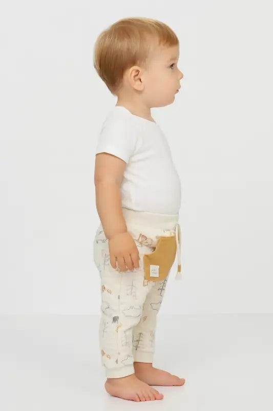 Kanguru Cepli Hayvan Figür Baskılı Krem Bebek Jogger Pantolon – % 100 Pamuk 0-24 Ay” - Bebek Giyim/Erkek Bebek