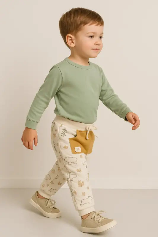 Kanguru Cepli Hayvan Figür Baskılı Krem Bebek Jogger Pantolon – % 100 Pamuk 0-24 Ay” - Bebek Giyim/Erkek Bebek