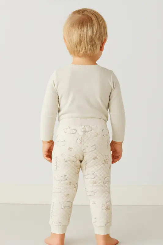 Kanguru Cepli Hayvan Figür Baskılı Krem Bebek Jogger Pantolon – % 100 Pamuk 0-24 Ay” - Bebek Giyim/Erkek Bebek