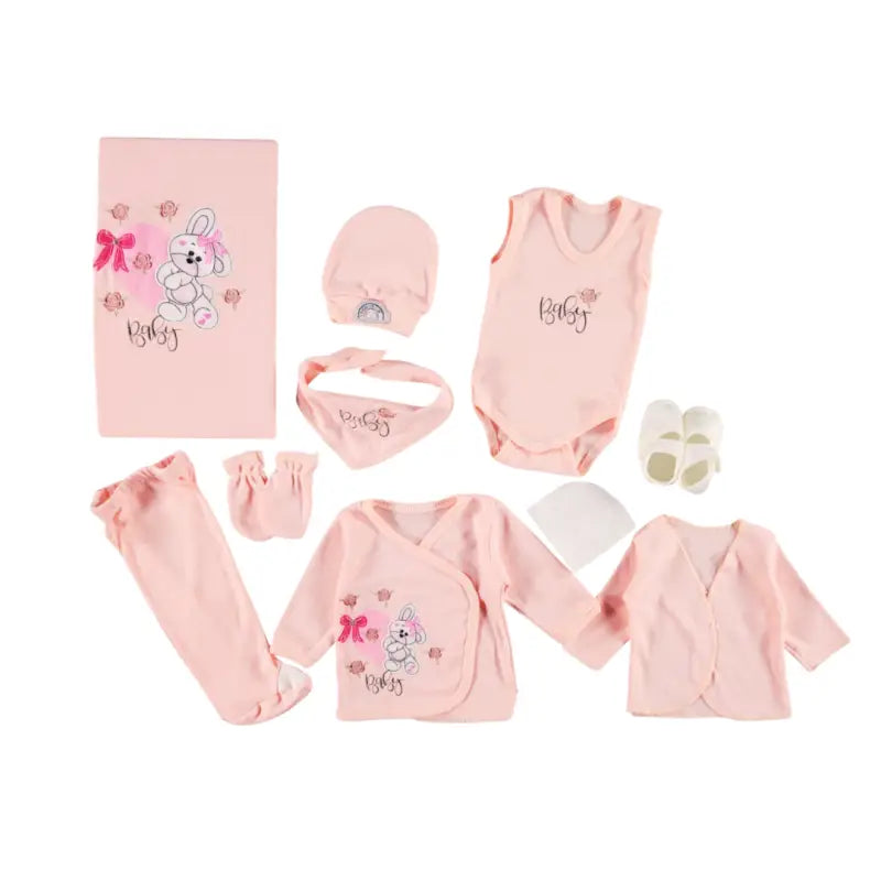 Kız Bebek 10’Lu Hastane Çıkışı - Pembe - Kalpli Tavşan Desenli Pembe Renk - 10 Lu Paket - pembe / 0-3 ay - Bebek