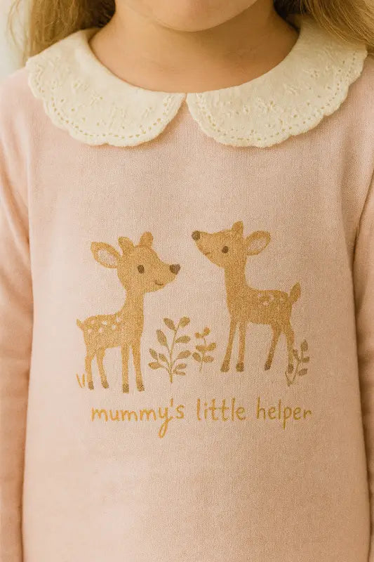 Kız Bebek Bambi Desenli Pudra Tunik & Bej Ribana Tayt Takım | Dantelli Yaka % 100 Pamuk 3-5 Yaş - Bebek Giyim/Kız Bebek