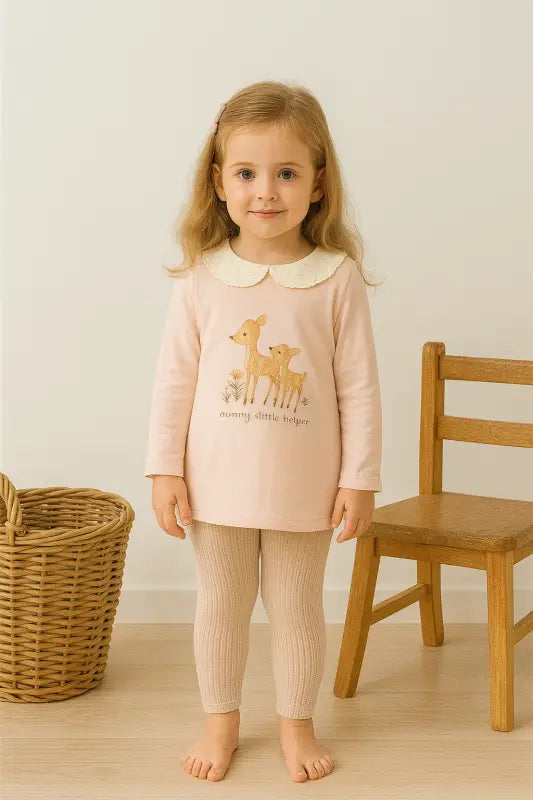 Kız Bebek Bambi Desenli Pudra Tunik & Bej Ribana Tayt Takım | Dantelli Yaka % 100 Pamuk 3-5 Yaş - Bebek Giyim/Kız Bebek