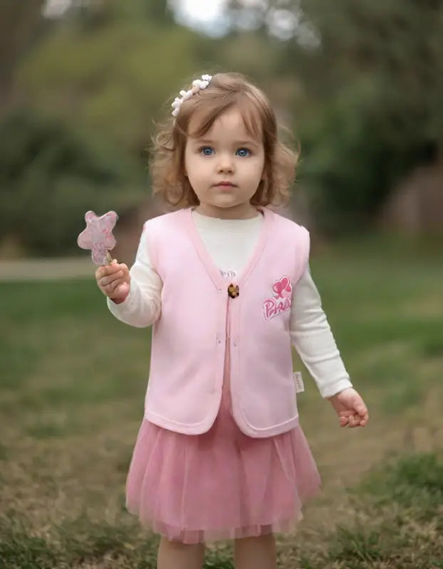 Kız Bebek Barbie Baskılı Ahşap Düğmeli Penye Yelek - Bebek Giyim/Kız Bebek Giyim/Kız Bebek Yelek