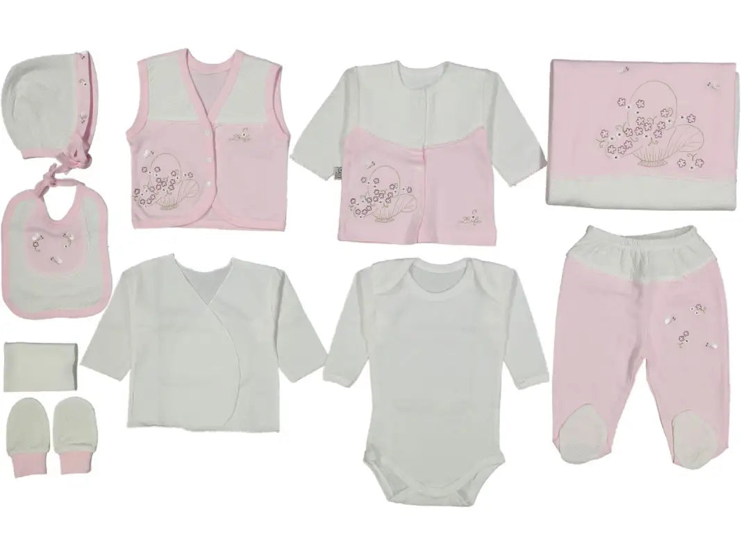Kız Bebek Çiçek Nakışlı Vaflee Kumaş Pembe Renk 10 Lu Parça Hastane Çıkışı - pembe / 0-3 ay - Bebek Giyim/Kız Bebek
