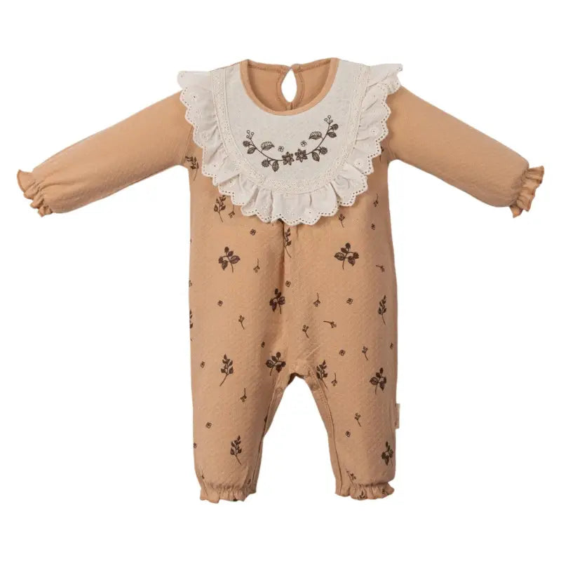 Kız Bebek Dantelli Tulum | Kahverengi | 3 - 12 Ay | Desenli | Uzun Kollu - Bebek Giyim/Kız Bebek Giyim/Kız Bebek Tulum