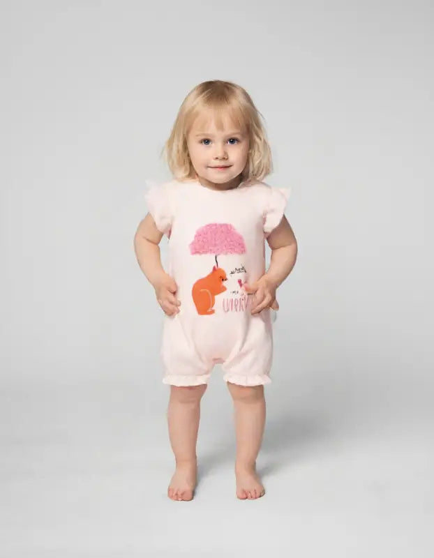 Kız Bebek Emsiyeli Sincap Baskılı Kısa Kollu Şortlu Salopet - Yavruağzı Renk -3-6-9-12 Ay - Bebek Giyim/Kız Bebek