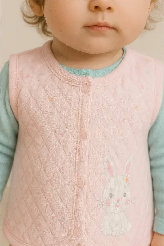 Kız Bebek Kapitone Tavşan Nakışlı Yelek Seti – Pudra Pembe & Mint % 100 Pamuk (6-12 Ay) - Bebek Giyim/Kız Bebek
