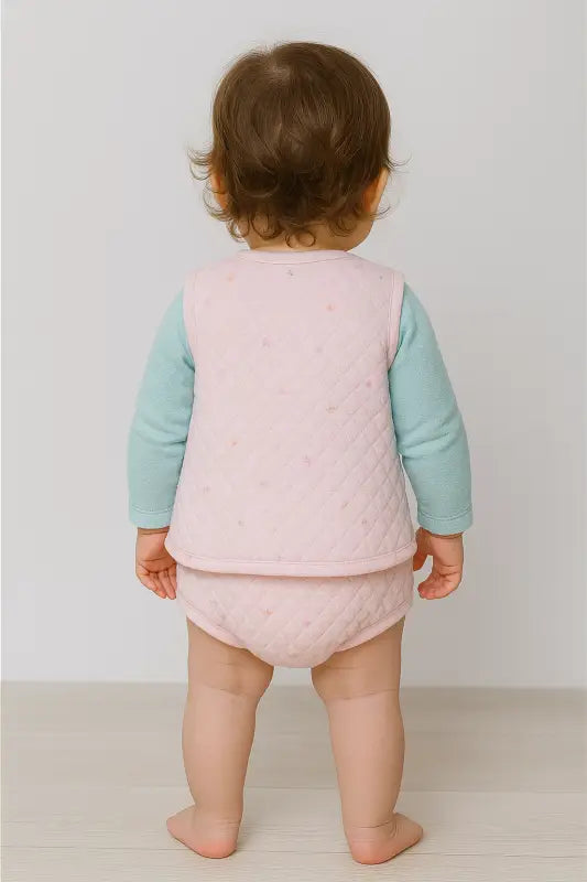 Kız Bebek Kapitone Tavşan Nakışlı Yelek Seti – Pudra Pembe & Mint % 100 Pamuk (6-12 Ay) - Bebek Giyim/Kız Bebek