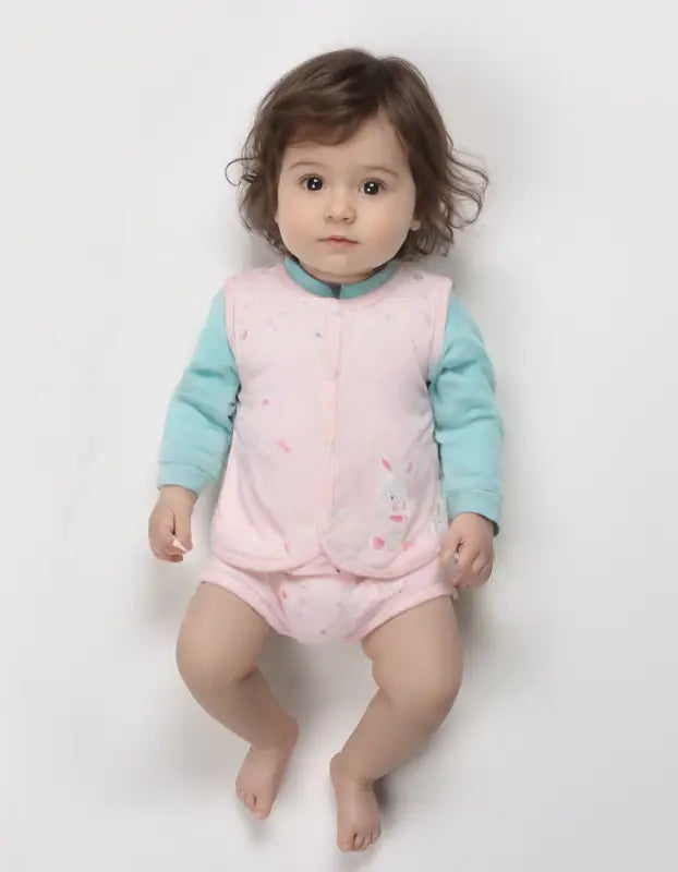 Kız Bebek Kapitone Tavşan Nakışlı Yelek Seti – Pudra Pembe & Mint % 100 Pamuk (6-12 Ay) - Bebek Giyim/Kız Bebek