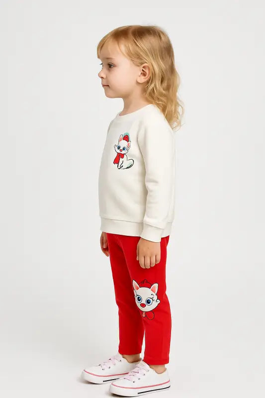 Kız Bebek Kedi Baskılı -Fitilli Taytlı-Beyaz Renk-Uzun Kollu 2Li Takım - Bebek Giyim/Kız Bebek Giyim/Kız Bebek Takımları