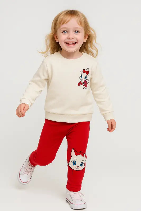 Kız Bebek Kedi Baskılı -Fitilli Taytlı-Beyaz Renk-Uzun Kollu 2Li Takım - Bebek Giyim/Kız Bebek Giyim/Kız Bebek Takımları
