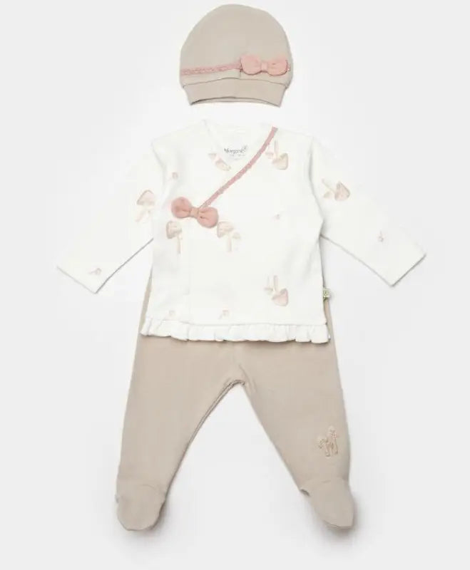 Kız Bebek Mantar Baskılı Fiyonklu Şapkalı Yandan Çıtçıtlı 3Lü Zıbın Takımı - Bebek Giyim/Kız Bebek Giyim/Kız Bebek
