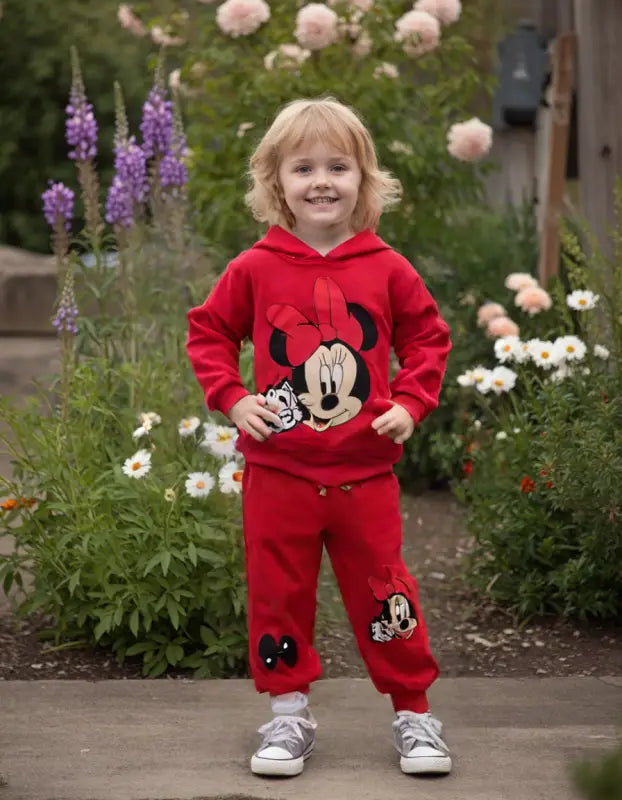 Kız Bebek Mickey Baskılı Kapşonlu -Kırmızı Renk Pantolonlu 2Li Takım - Bebek Giyim/Kız Bebek Giyim/Kız Bebek Takımları