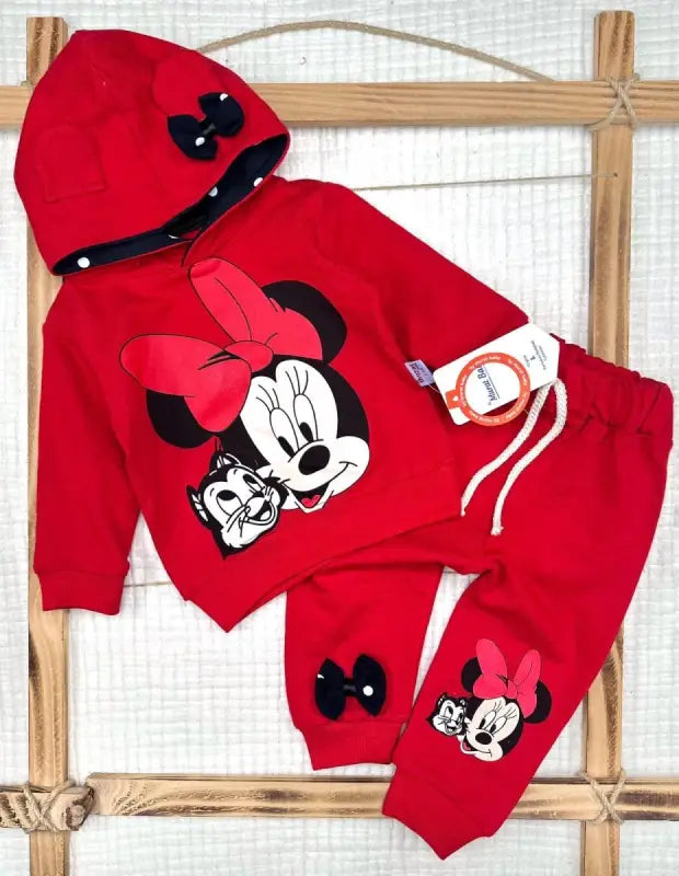 Kız Bebek Mickey Baskılı Kapşonlu -Kırmızı Renk Pantolonlu 2Li Takım - Bebek Giyim/Kız Bebek Giyim/Kız Bebek Takımları