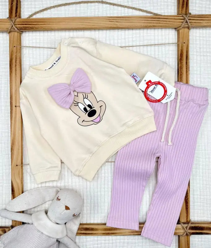 Kız Bebek Minnie Baskılı Ön Kısmı Fiyonk Detaylı -Fitlli Taylı 2Li Takım - Bebek Giyim/Kız Bebek Giyim/Kız Bebek