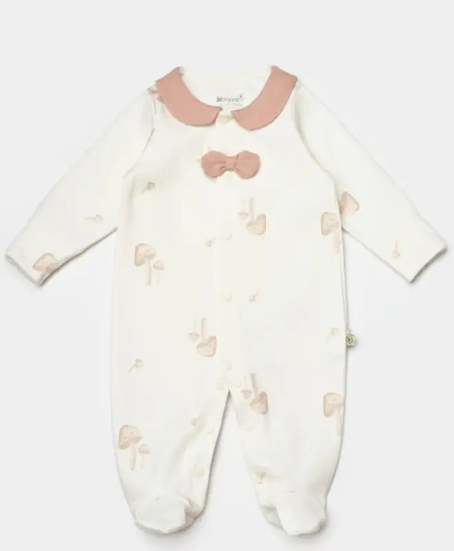 Kız Bebek Önden Çıtçıtlı Fiyonk Detaylı Mantar Baskılı Ayaklı Tulum - Bebek Giyim/Kız Bebek Giyim/Kız Bebek Tulum