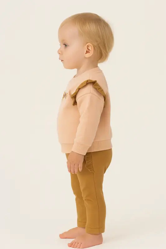 Kız Bebek Şeftali Çiçek Nakışlı Fırfır Sweatshirt & Kamel Tayt Takımı (1-2 Yaş % 100 Pamuk) - Bebek Giyim/Kız Bebek