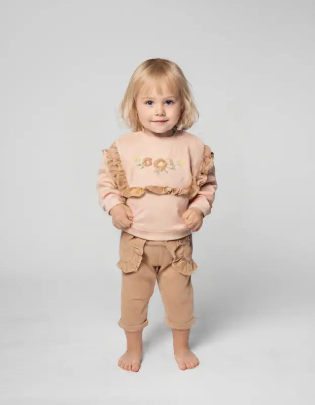Kız Bebek Şeftali Çiçek Nakışlı Fırfır Sweatshirt & Kamel Tayt Takımı (1-2 Yaş % 100 Pamuk) - Bebek Giyim/Kız Bebek