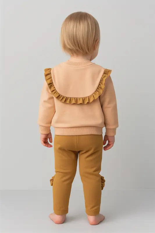 Kız Bebek Şeftali Çiçek Nakışlı Fırfır Sweatshirt & Kamel Tayt Takımı (1-2 Yaş % 100 Pamuk) - Bebek Giyim/Kız Bebek