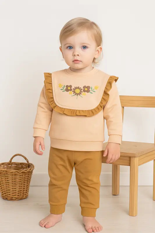 Kız Bebek Şeftali Çiçek Nakışlı Fırfır Sweatshirt & Kamel Tayt Takımı (1-2 Yaş % 100 Pamuk) - Bebek Giyim/Kız Bebek