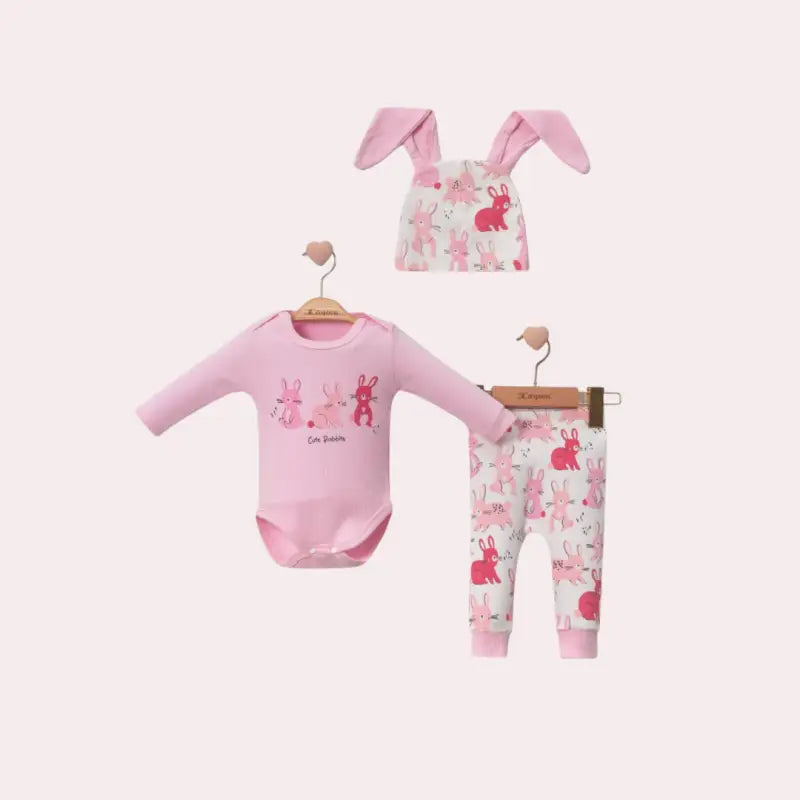 Kız Bebek Takım | Zıbın & Alt & Şapka | Tavşan Desenli | Pembe | 3 - 18 Ay - Bebek Giyim/Kız Bebek Giyim/Kız Bebek Zıbın