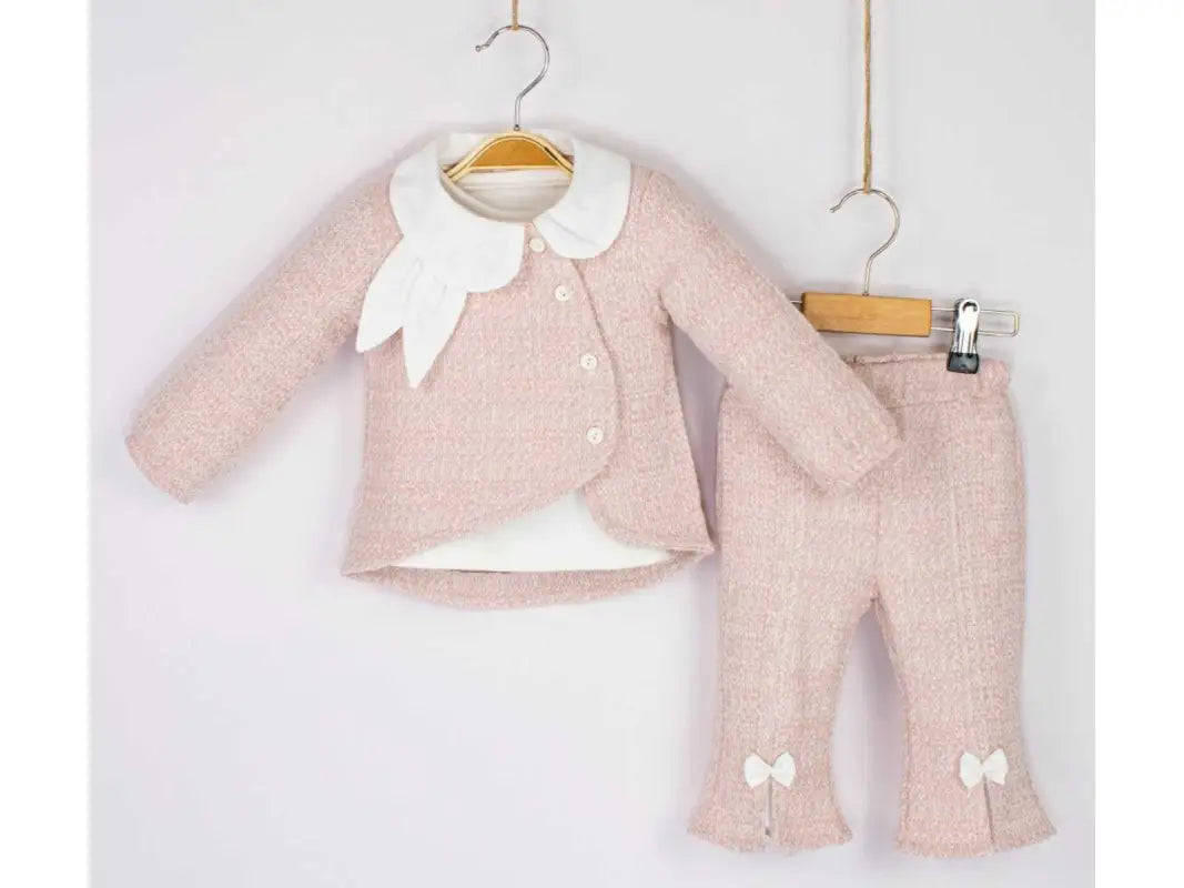 Kız Bebek Yandan Düğmeli Yuvarlak Yakalı Pantolonlu 3Lü Takım - Bebek Giyim/Kız Bebek Giyim/Kız Bebek Takımları