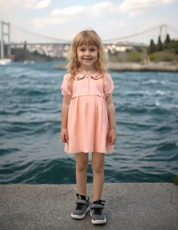 Kız Çocuk Bebe Yaka Bel Kısmı Boncuklu Turuncu Renk Elbise -2 - 3 - 4 -5 Yaş - Kız Çocuk Giyim/Kız Çocuk Elbiseleri